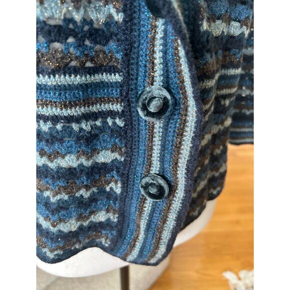 Vintage Y2K Blue & Metallic Brown Crochet Knit Rosette Cardigan - Picture 4 of 7